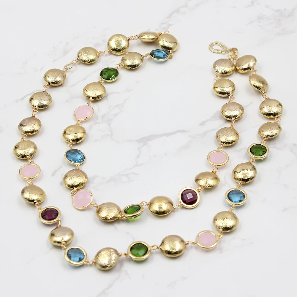 

2 Strands Multi Color Coin Crystal Glass Gold Plated Brushed Bead Necklace Women Fashion Jewelry