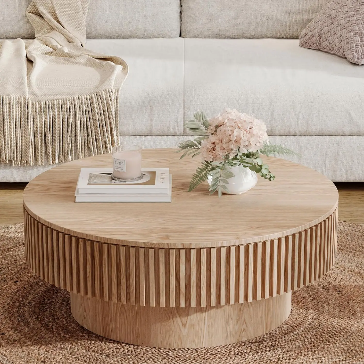 31.5''Round Coffee Table with Storage,Modern Luxury Circle Drum Center Tables with Solid Wood Veneered, Accent Side Coffee Table