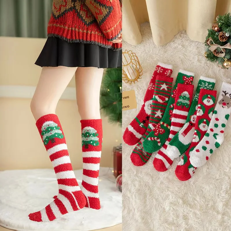 

Christmas Socks Woman Long Coral Fleece Warm Thickened Floor Sleep Sock Snowflake Deer Tree Gift socks High Tube Stocking Green