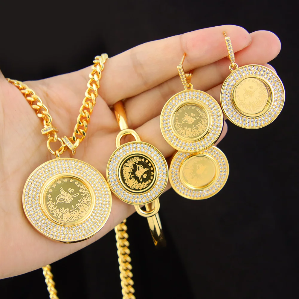 Turkish Coins Gold Jewelry Set 24k Gold Plated Italian Zircon
