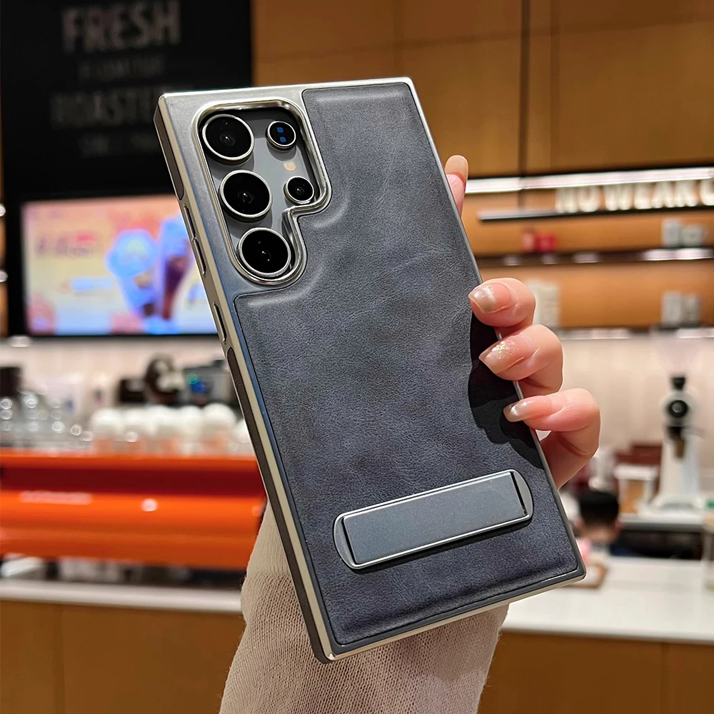 Luxury Plating Leather Phone Case with Invisible Metal Bracket - Shockproof Hard Cover