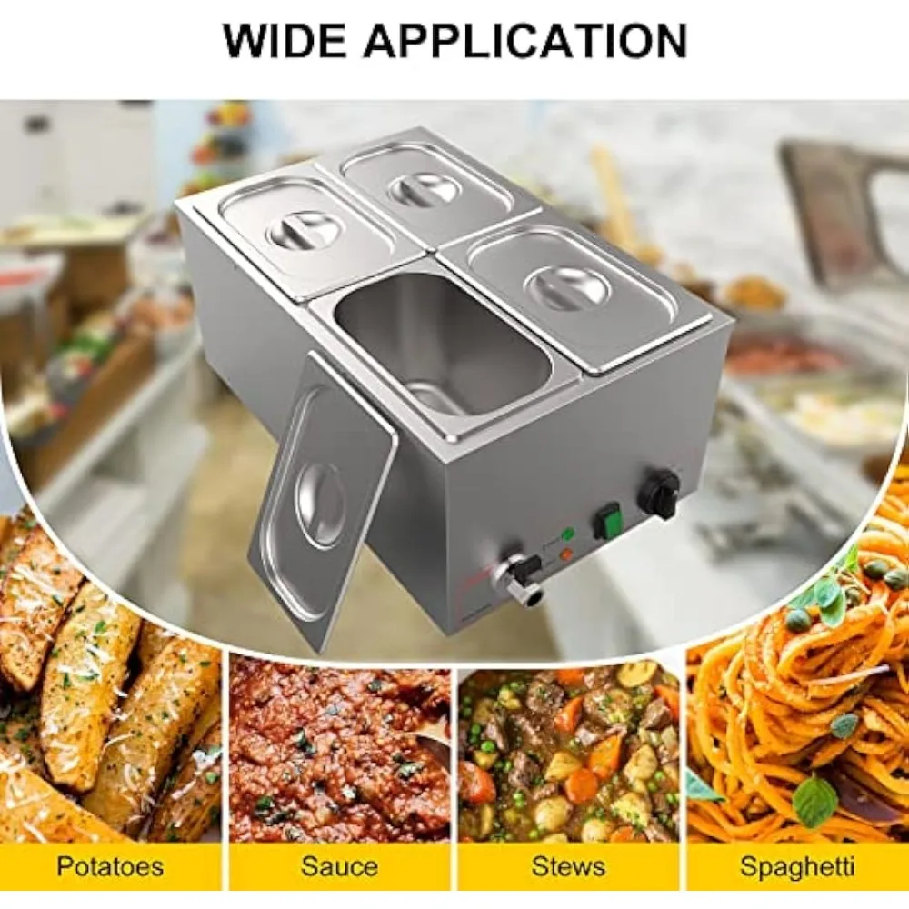 Commercial Stainless Steel 4 Sections Bain Marie Food Warmer 16 Qt Buffet Server with Lid and Tap for Home, Restaurants
