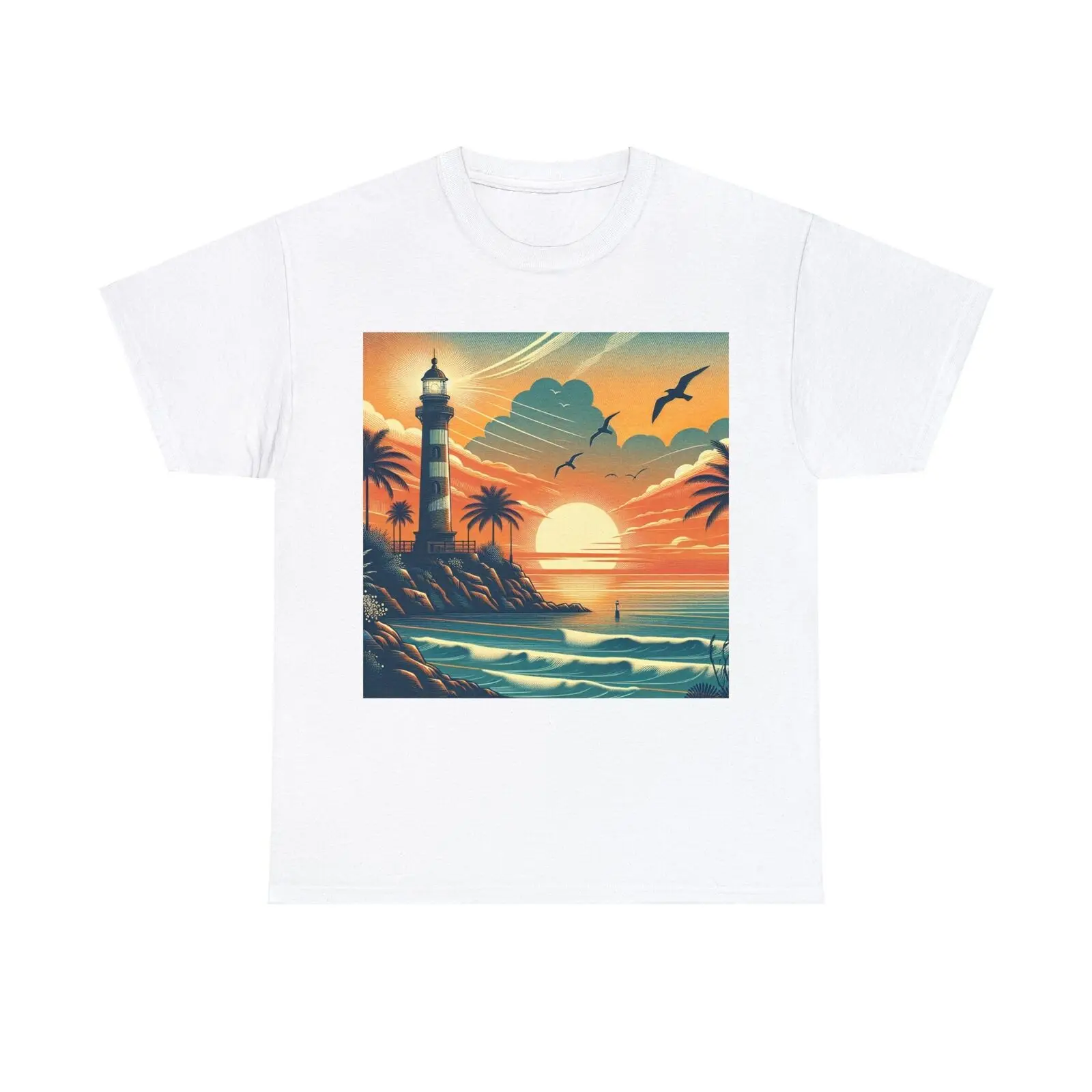Maglietta Unisex Per Adulti Serene Coastal Sunset Landscape Summer Tee Lighthouse Maniche Lunghe O Corte