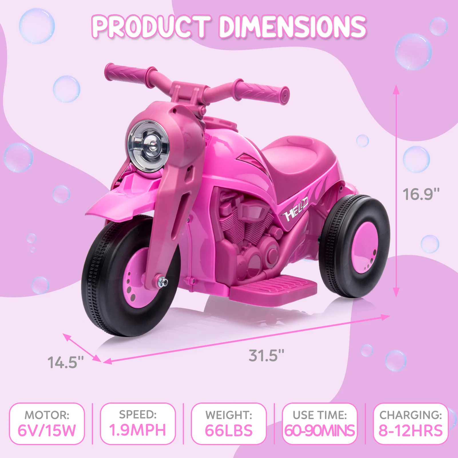 Kids Ride on Bubble Car, 6V Battery Powered Electric Motorcycle 1.9 MPH Speed w/LED Headlights, Music, Pedal, Forward/Reserve