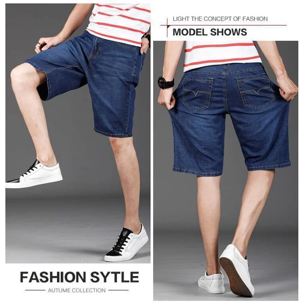 New Summer Men's Denim Shorts Fashion Solid Color Casual Loose Multi-pocket Straight Five-minute Pants Elastic Knee Shorts