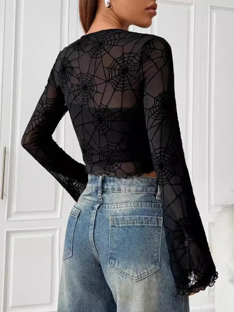 New Elegant Women's Mesh Crew Neck Flared Sleeve T-shirt Fashionable Sheer Fungus Trim Cropped Casual Short Blouse Black Top