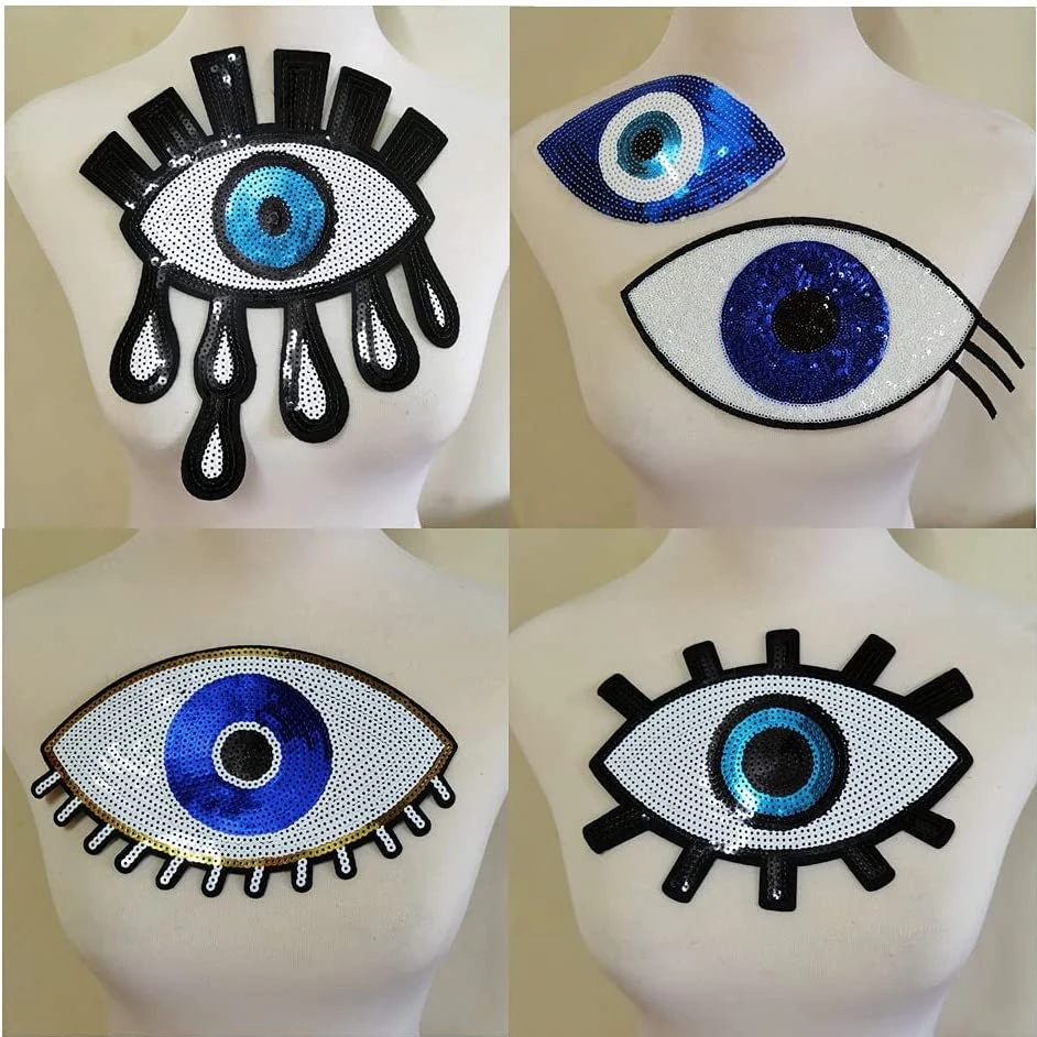 4 Stück 9,2 * 8,1 Zoll glänzende Hand Evil Eye Pailletten-Patches für