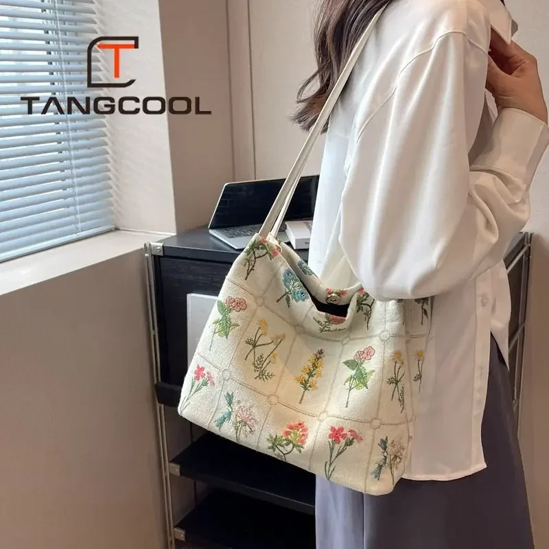 Bag for Women Embroidery Printed Tote Women Aesthetic New Fashion Large Capacity Canvas Bucket Bag Shoulder Crossbody Handbag