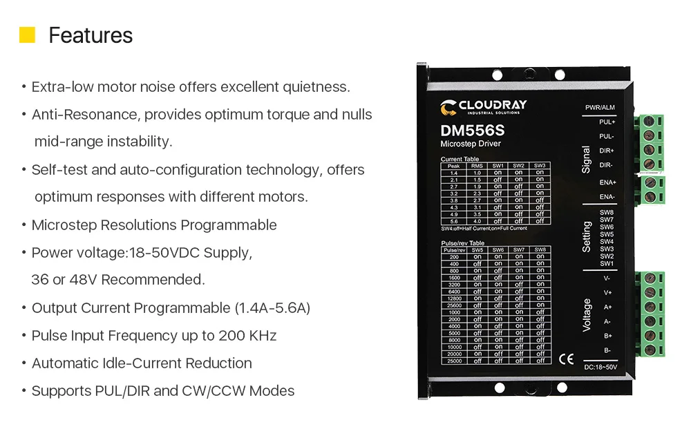 Description Picture 3 of itemDM556S 2 Phase Stepper Motor Driver 18-50VDC 1.4-5.6A Stepper Motor Controller for Nema17 Nema23 Nema34