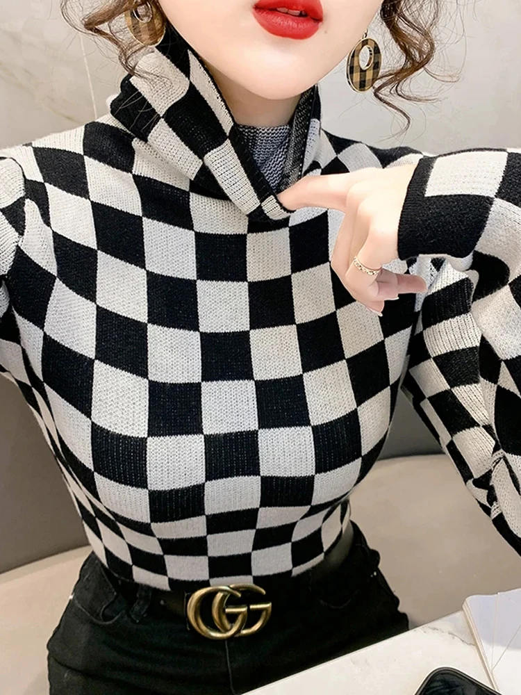 

Winsleter Elegant Basic Clothes Sweater Long Sleeve Pullover Autumn Winter Women Turtleneck Plaid Thicken Knit Tops T30444JC