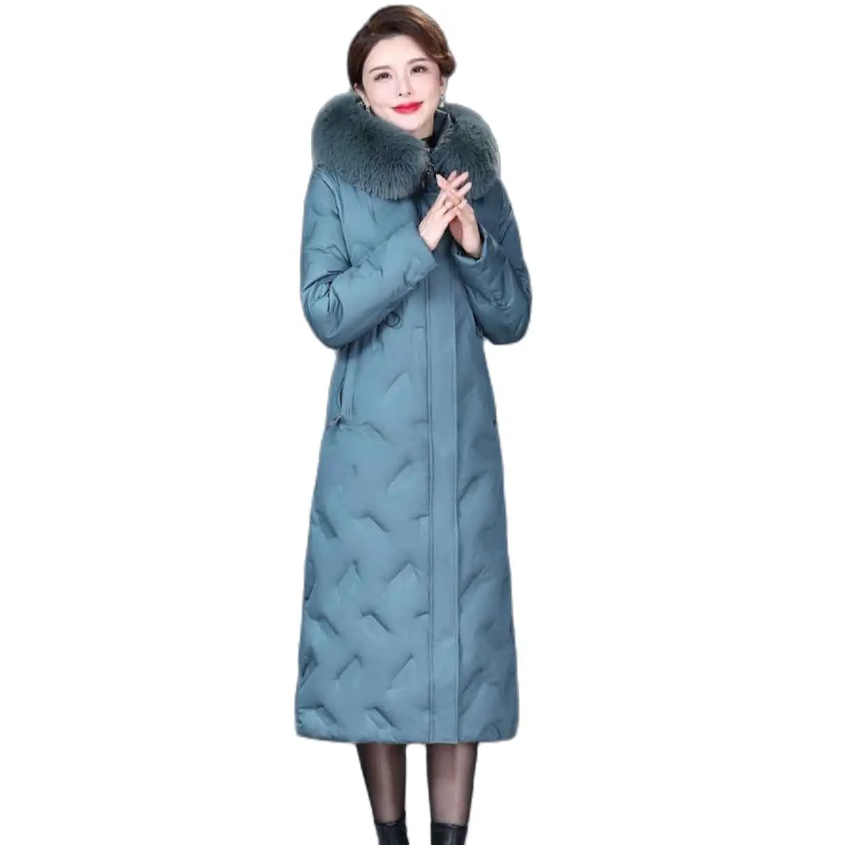 

2022 New 3D Blue-green Temperament Down Lengthened And Thickened Hooded Loose Down Slim fit Fashion Trendy Women