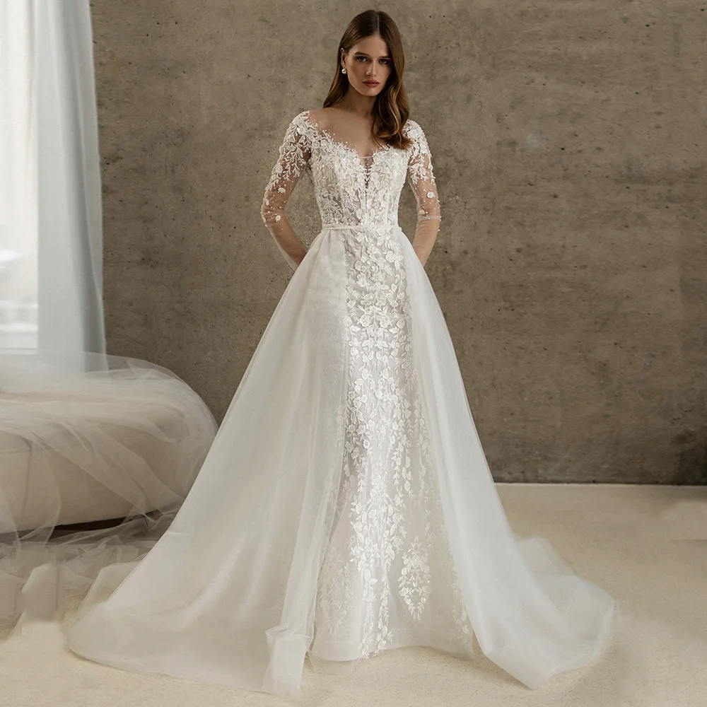 Elegant Lace Mermaid Wedding Dress with Detachable Tulle Train Long Sleeve Scoop Neck Sequined Applique Trumpet Bridal Gown 5