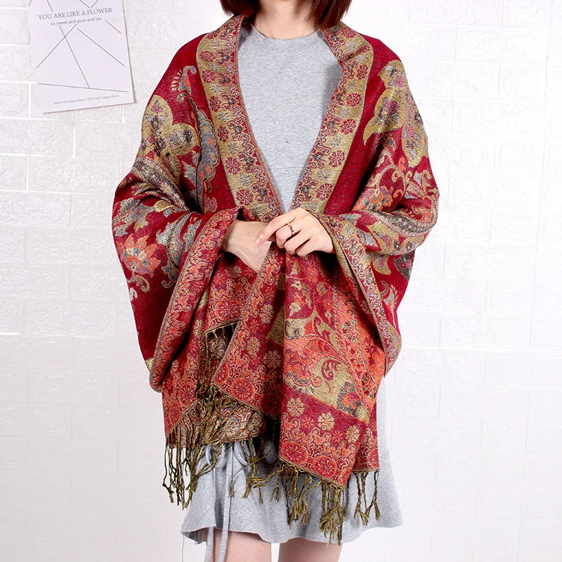 Sciarpa Pashmina Donna Con Stampa Paisley E Frange | Scialle Morbido 200x70 Cm In Poliestere | Multicolore Autunno Inverno