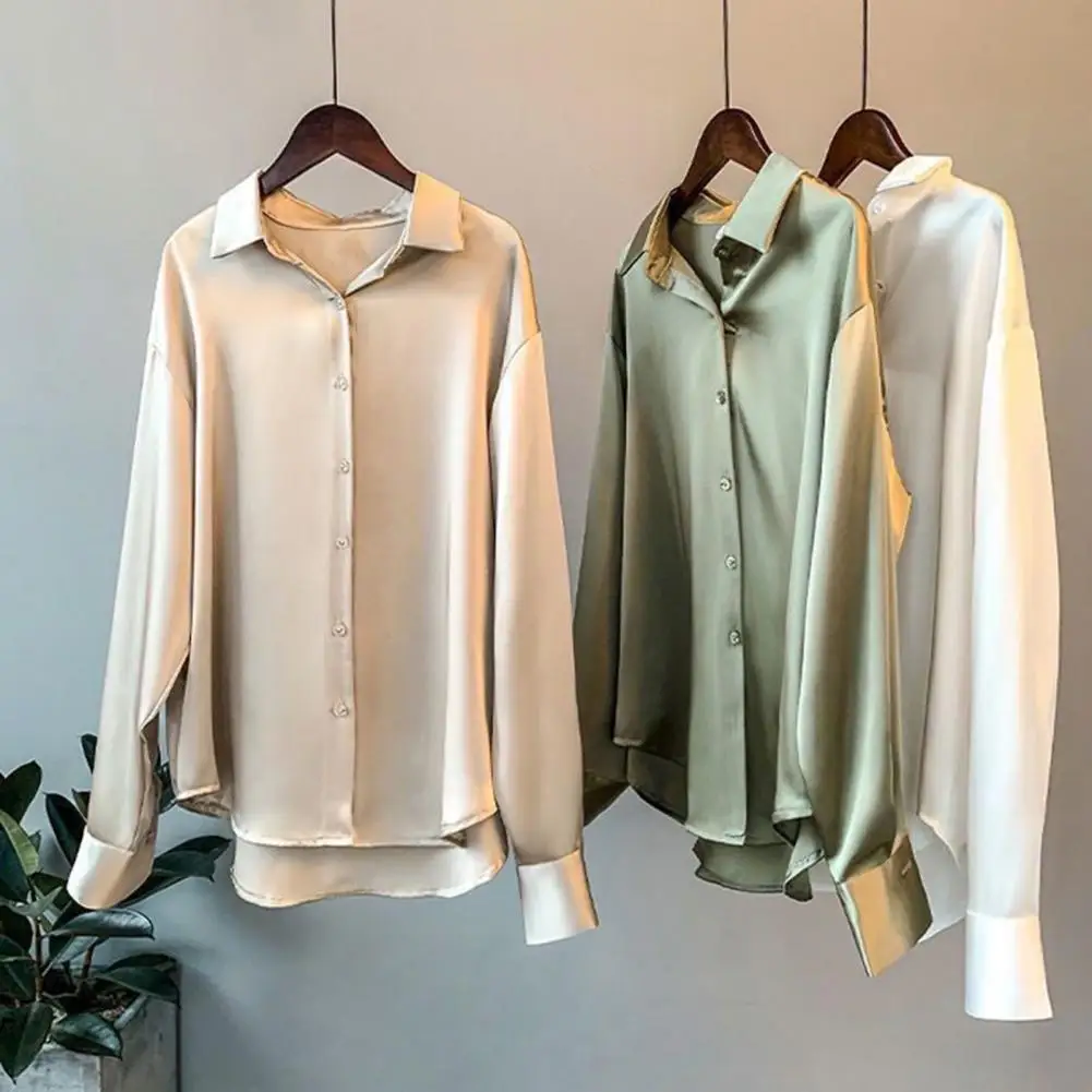 Loose Fit Shirt Elegant Satin Blouse for Women Silky Soft Long Sleeve Shirt with Turn-down Collar Loose Fit Formal for Spring