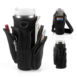 Neoprene Cross - Body Water Bottle Bag with Phone Holder and Adjustable Shoulder Strap (40oz Black)