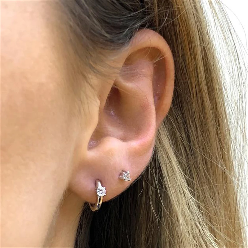 Aide 925 Sterling Silver Rectangle Colorful Zircon 6mm Huggie Earrings Mini Circle Second Hole Cartilage Earring Hoops Jewelry