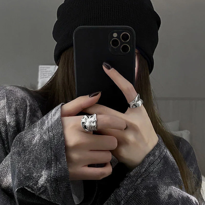 2025 Fashion Style Women's silver stainless steel unusual metal geometric opening ring, 2 pieces._voghion.com