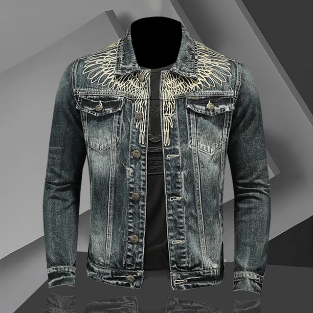 Y2K Retro Denim Jacket High Street Trendy Embroidered Lapel Motorcycle Jacket Loose Casual Fashion Versatile Men's Clothing