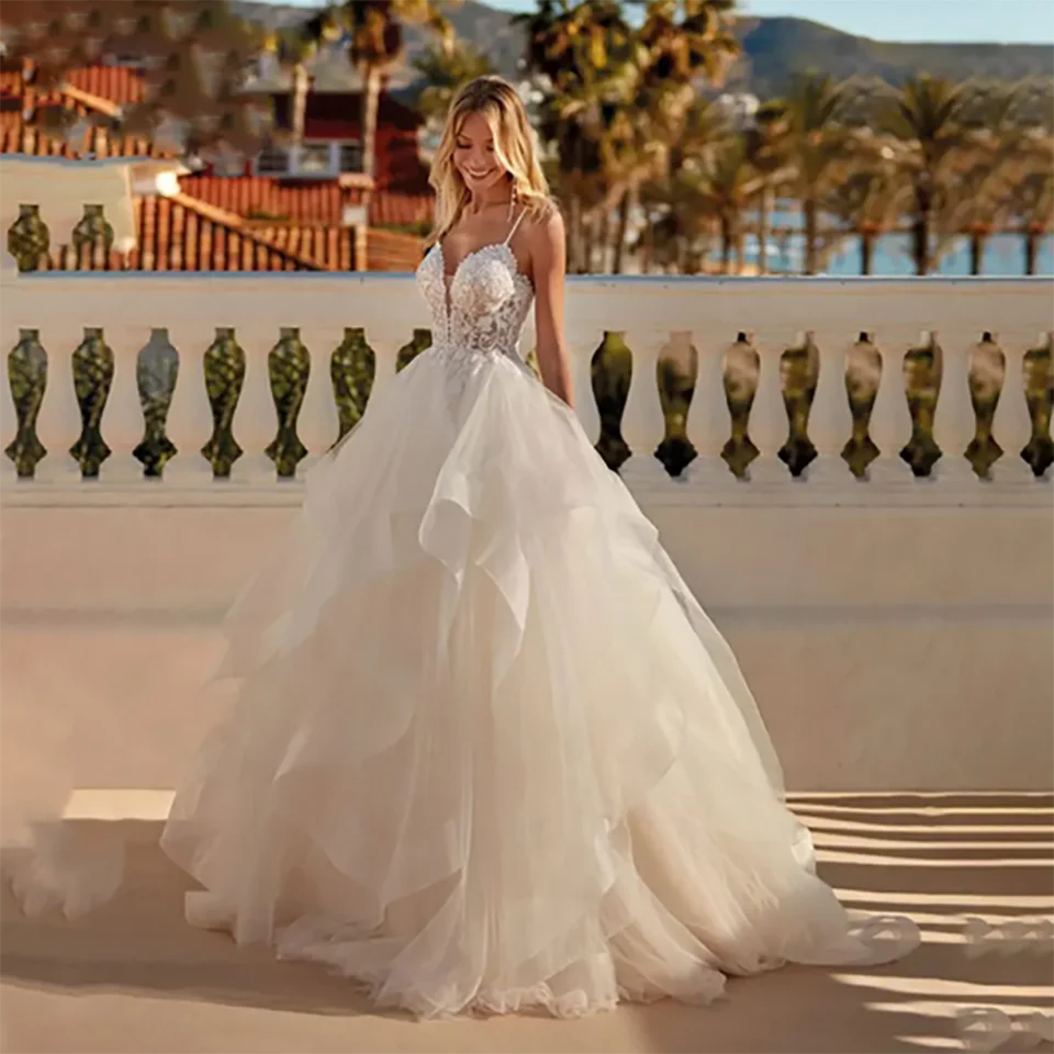 Bezaubernde Boho-Brautkleider mit Spaghettiträgern und Herzausschnitt, A-Linie, 2026, Rüschen, rückenfrei, Schleppe, Tüll, Brautkleider für Damen – Detail 4
