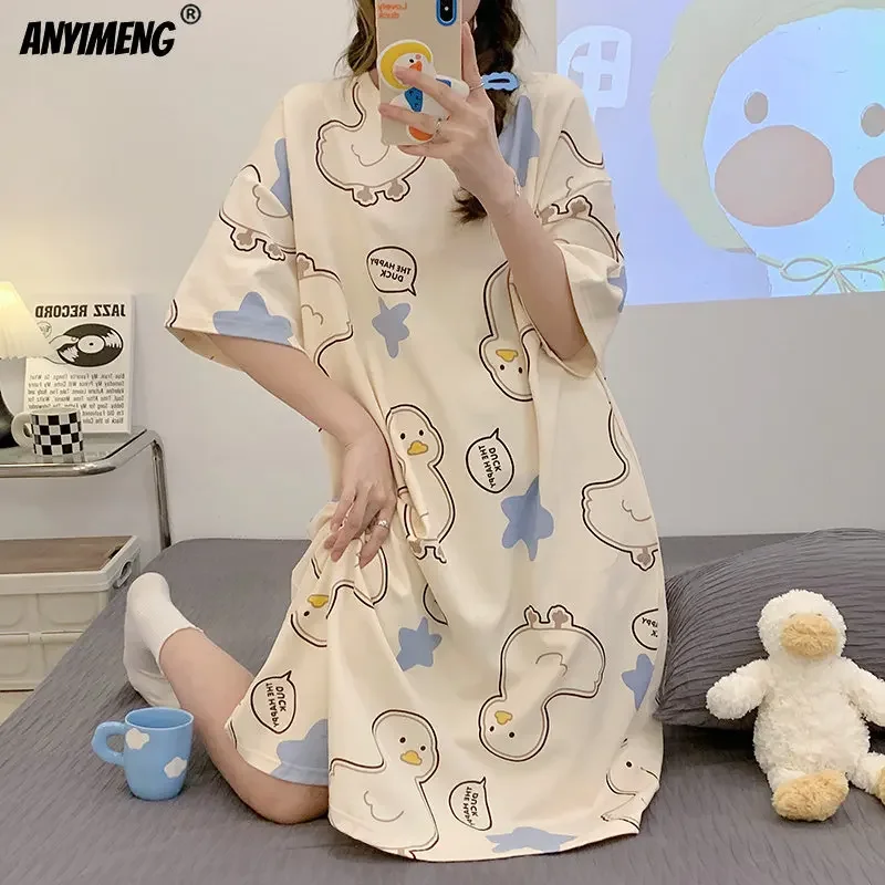 

SUKAE Elizabeth Duck Casual Nightdress for Women Summer Cotton Tops Kawaii Sleepshirts for Girls Short Sleeve Lady Cute Lingerie
