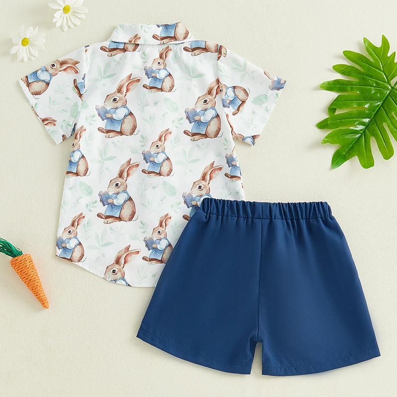 Baby Boys Easter Outfits Bunny/Carrot Print Button Short Sleeves T-Shirt and Elastic Shorts Set 2 Piece Clothes Set