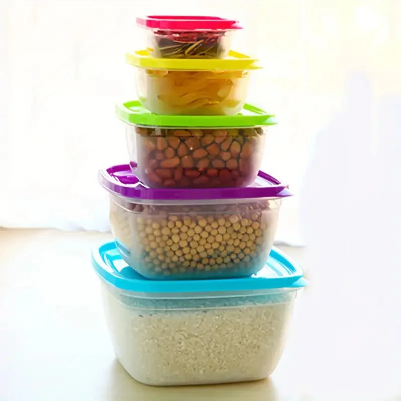 5Pcs/Set Sealed Square Round Crisper Refrigerator Rainbow Food Storage Boxes Preservation Box Container Kitchen Supplies 5