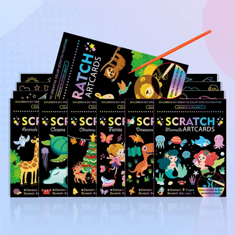 Magic Rainbow Color Scratch Art Painting Paper Card Kit Cartoon Drawing Board Coloring Books for Kids DIY Educational Toys Gifts 2