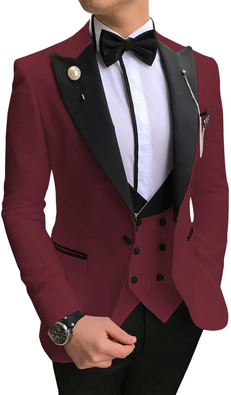 

Burgundy Men 3 Piece Suits Slim Fit 2023 Casual Double Breasted Notch Lapel for wedding Grooms Tuxedos (Jacket+Vest+Pants)