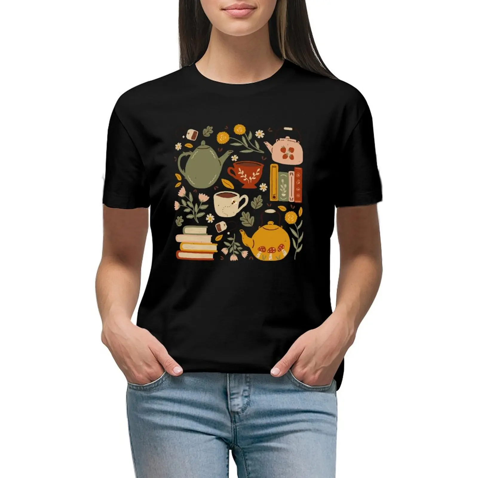 Flowery Books and Tea T-Shirt Aesthetic clothing summer tops vintage clothes funnys Womens graphic t shirts
