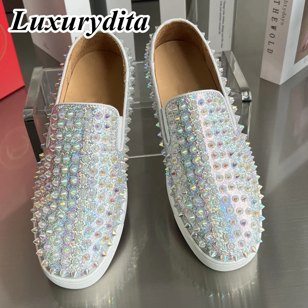 LUXURYDITA Designer Men Casual Sneakers Real Leather Rivet Luxury Womens Tennis Shoes 35-47 Fashion Unisex loafers HJ1140