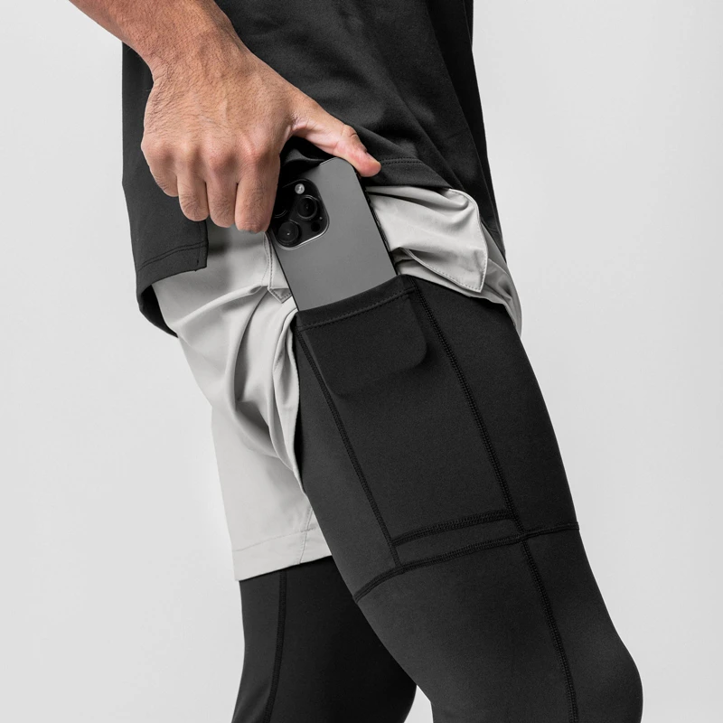 Men's Leggings Fake Two Pieces Fitness Sports Running Training Leisure Elastic Quick Drying Pants Cargo Mid-Waist Trousers