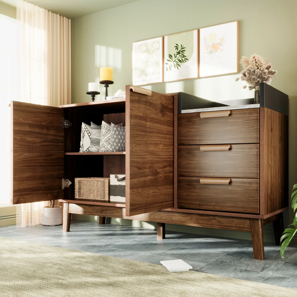 Wohnzimmerkommode mit Eichenholz-Dekor – mit Marmoroptikplatte, offenem Regal + 3 Schubladen und Doppeltürschrank, Beine aus massivem Holz – Detail 13