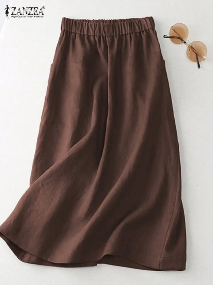 ZANZEA Women A Line Cotton Skirt Elastic Waist Midi Skirt Solid 2024 Summer Korean Side Pockets Falda Saias Casual Holiday Jupe 3