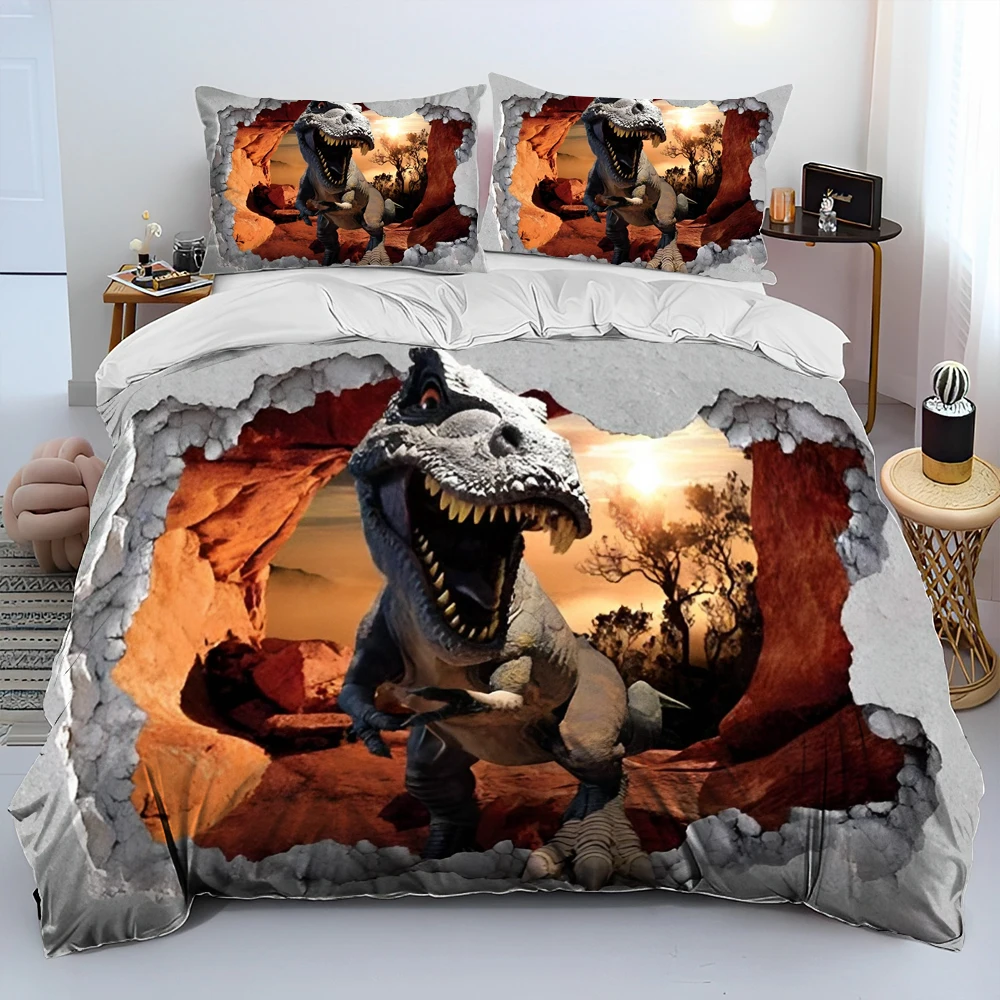 

3D Illusion Dinosaur Cartoon Comforter Bedding Set,Duvet Cover Bed Set Quilt Cover Pillowcase,King Queen Size Bedding Set Child