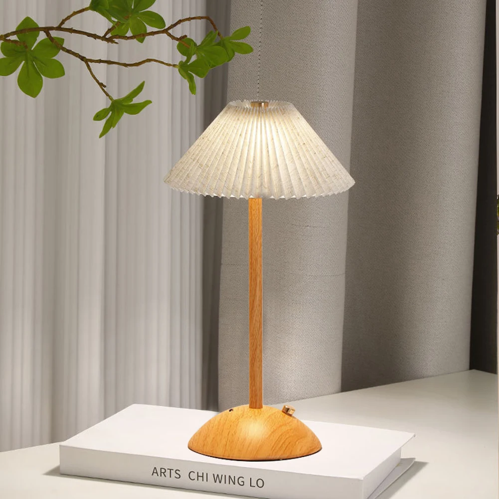 Portable LED Desk Lamp Wood Base Small Table Lamp Fabric Shade Dimmable Touch Lamp Rechargeable for Living Room Dorm Home Office 4