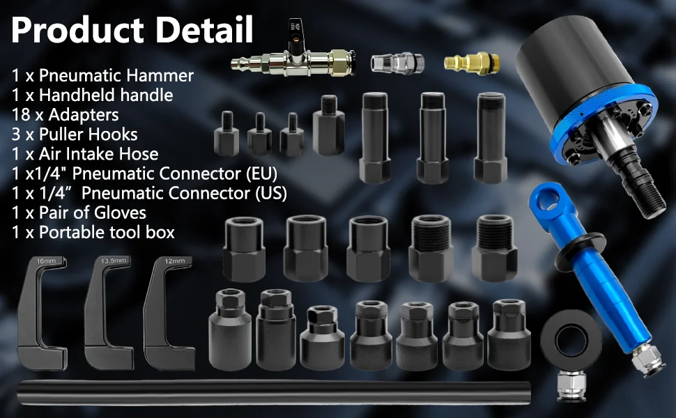 28-teiliges Pneumatisches Diesel-Injektor-Abzieherset, Pneumatischer Injektor-Extraktor mit 18 Adaptern für Verschiedene Anschlusstypen – Detail 4