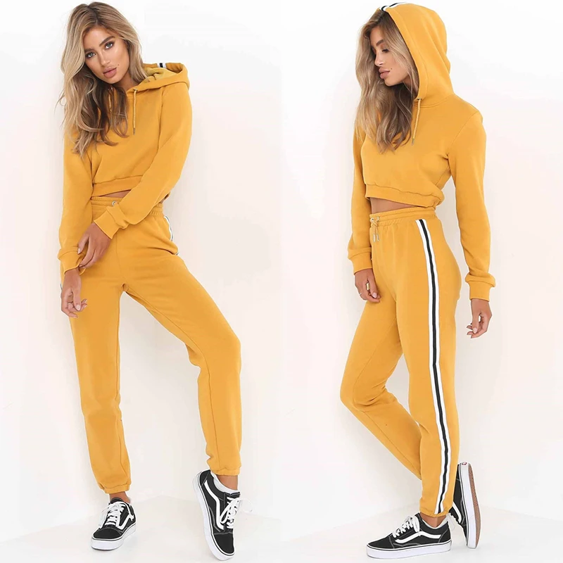 

Women Set 2 Pieces Tracksuit Pullover Hoodies Woman Clothes Sports Suits Print Crop Top+Side Stripe Pant Outfits
