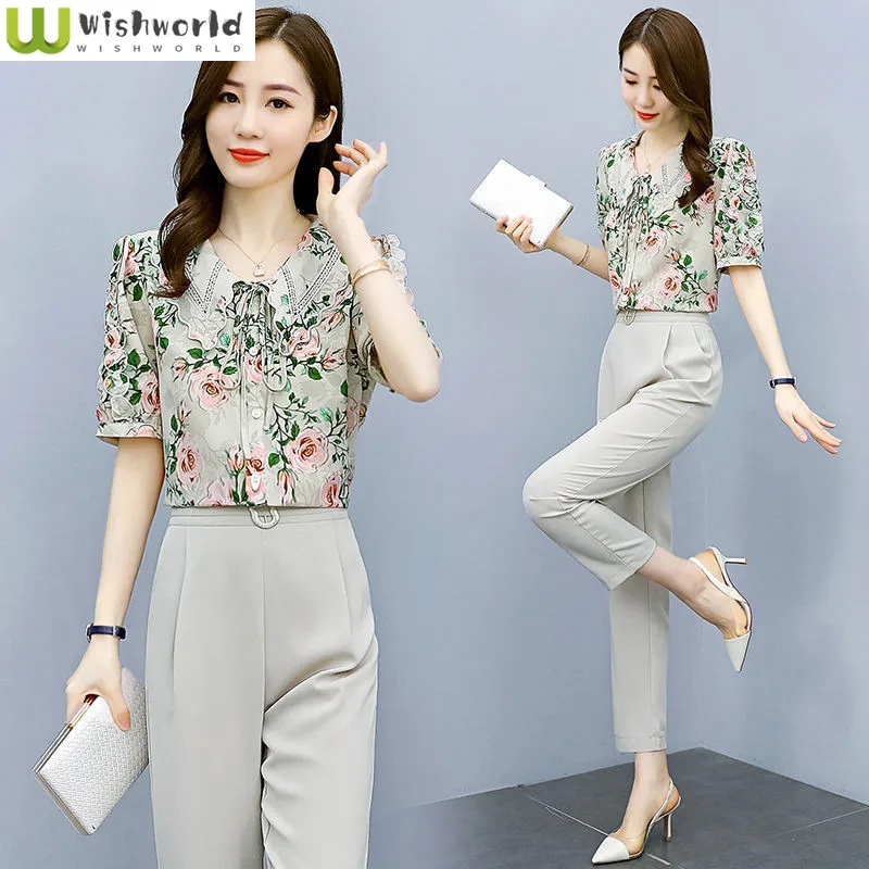 Casual Chiffon Shirt Professional Suit 2022 New Female Summer Lady Temperament Wear with Foreign Style Fashion Two-piece Set two piece set women fashion professional shorts outfits casual print cardigan jacket famous suit office lady suit outfits fall