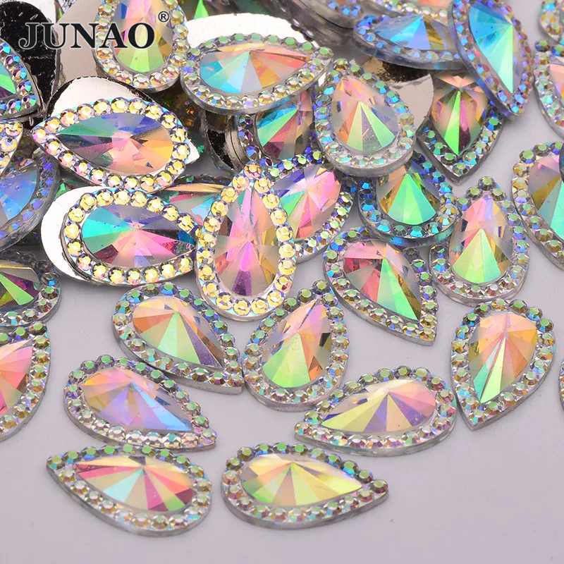 JUNAO 8*13mm 13*18mm 20*30mm Teardrop AB Flatback Rhinestone Crystal Stone Appliques Non Hot Fix Resin Strass For DIY Crafts