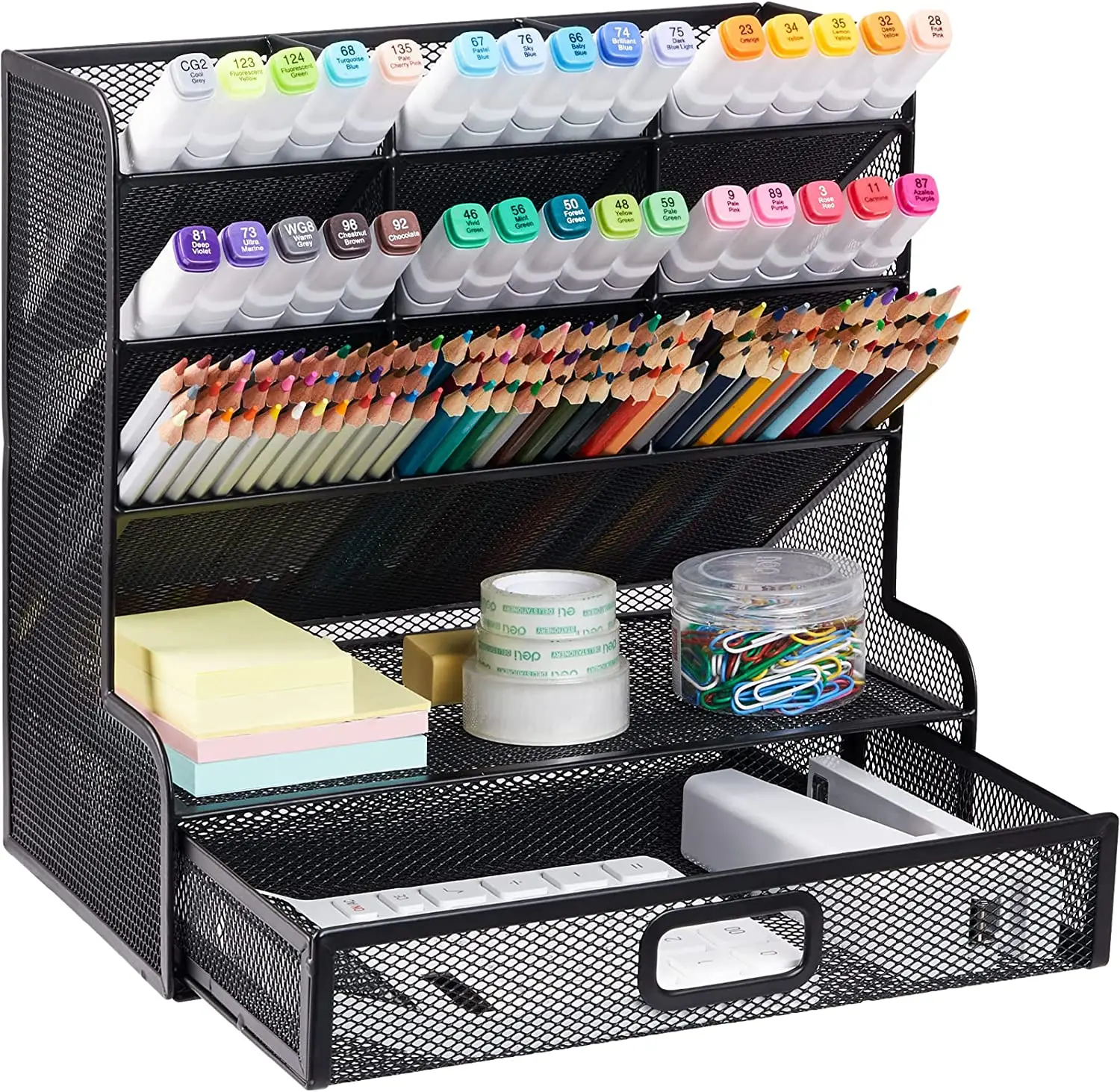 Mesh Desk Organizer with Drawer, Desktop Office Supplies Multi-Functional Caddy Pen Holder Stationery Accessories, Art Storage S deli oficina organizador escritorio papeleria office metal mesh magazine holder student stationery organizer office accessories