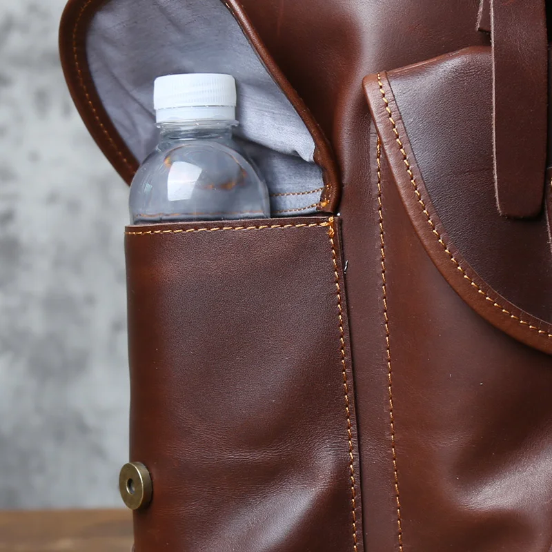 NZPJ Vintage Genuine Leather Men's Backpack Crazy Horse Leather Backpack Natural Cowhide Parachute Bag  Large Capacity Laptop