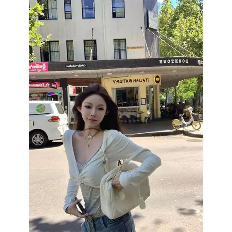 Seeslim Patchwork Fake Two Piece Tops Hotsweet Women's T-shirt Long Sleeve Autumn Spring Tops 2000s Clothes Y2k Slim Tshirt Tees 5