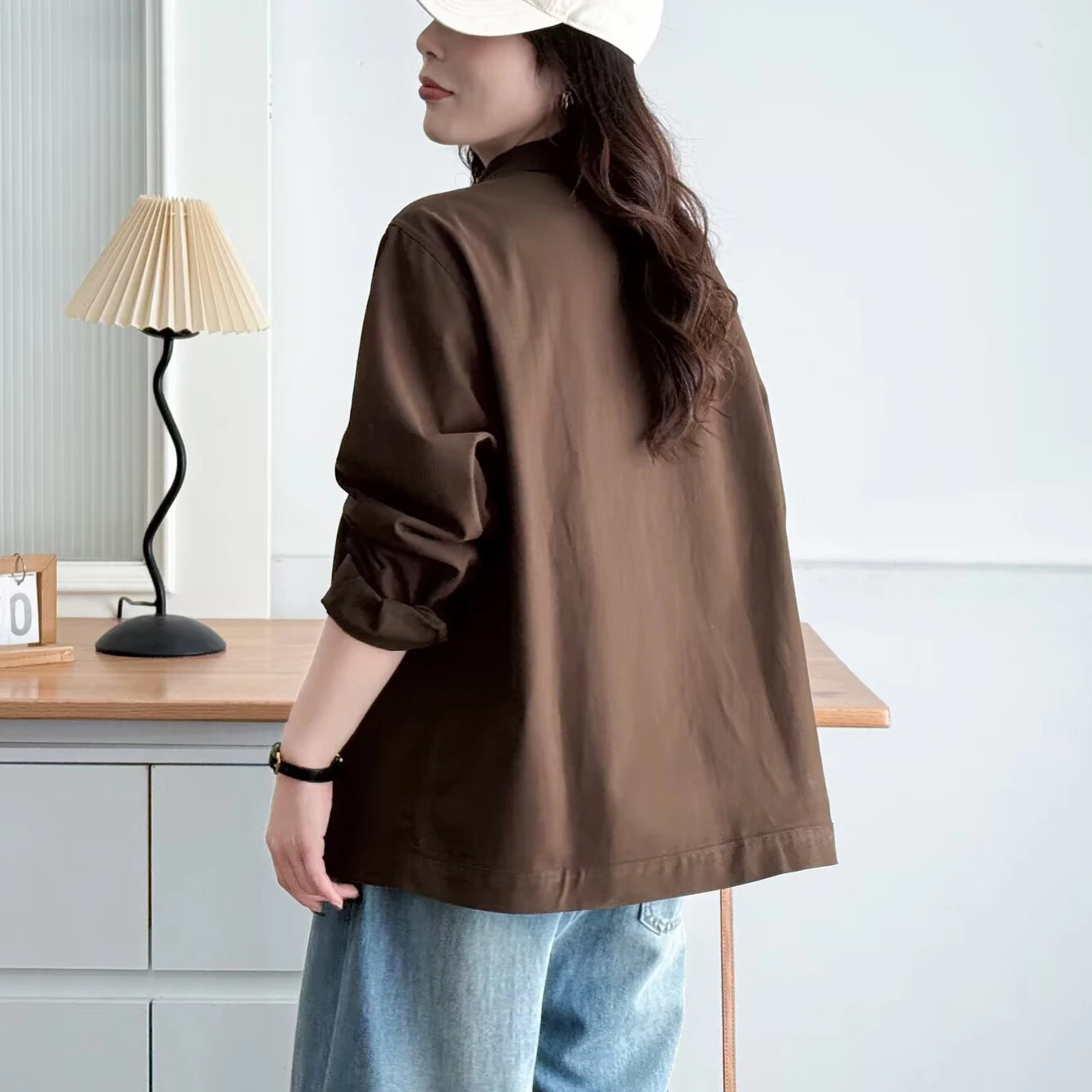 Fashion Plus Size Women's Jacket Autumn Stylish Stand Collar Long Sleeve Washed Cotton Temperament Commuting Coat 2173