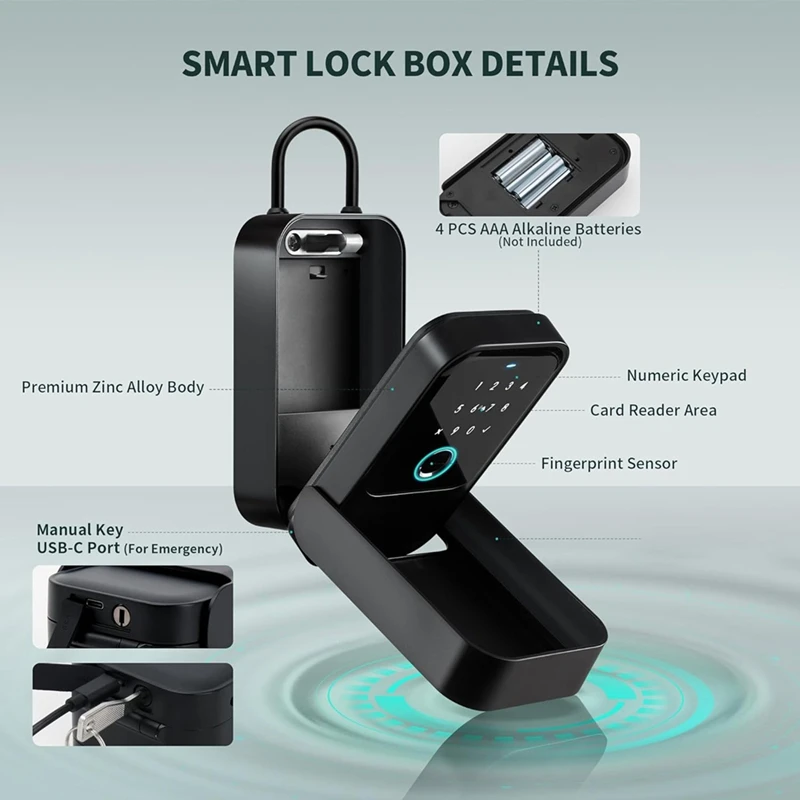 Smartlock Box For House Key With 5 Unlocking Methods Fingerprint,App Control, Access Card, Password,Suitable For Office