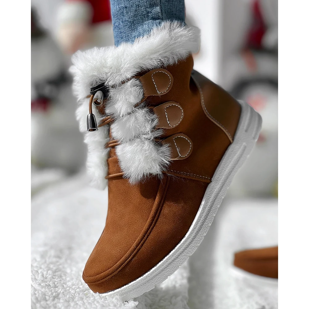 Winter Fashion Pu Leather Lace-up Fuzzy Lined Ankle Boots for Women Casual Round Toe Flat Ankle Snow Short Boots Daily Korean
