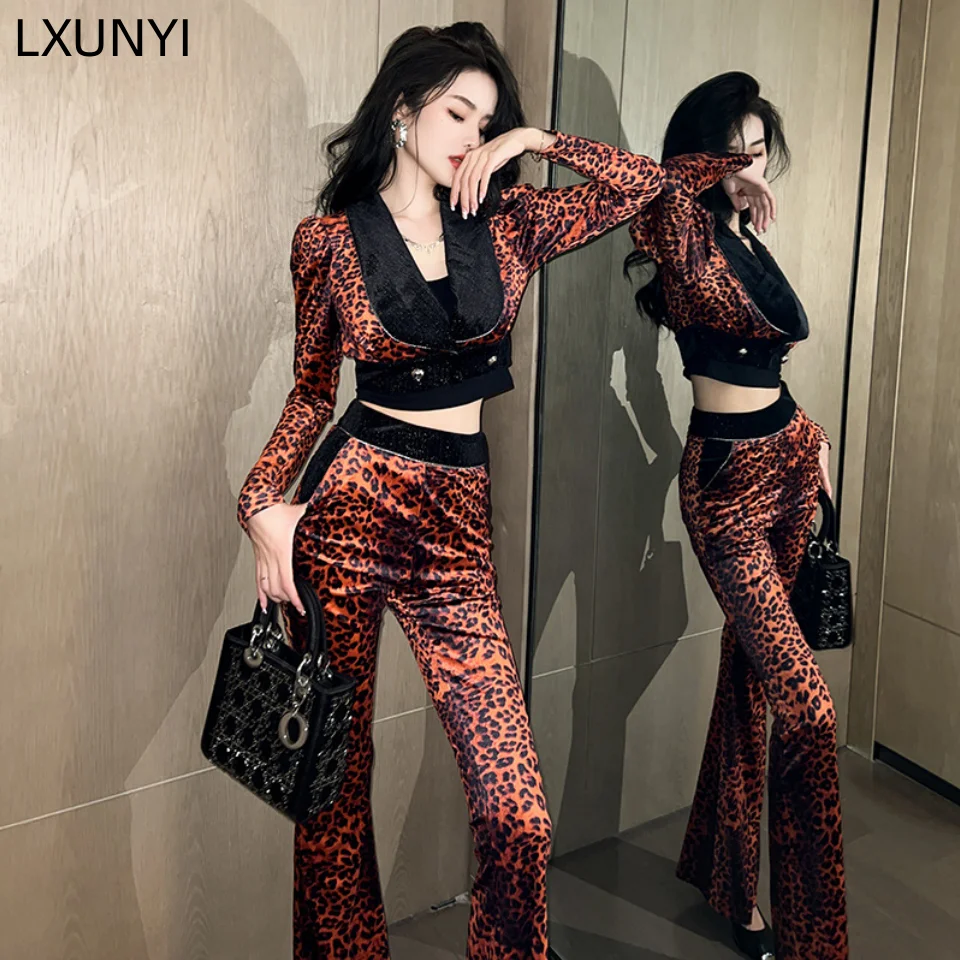 

Fashion Suit 2023 New Spring Long Sleeve Puff Sleeve Leopard Short Coat High Waist Slim Formal Celebrity Two Piece Set Celebrity