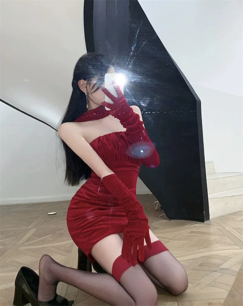 Sexy Bodycon Velvet Mini Dresses for Women Strapless Slim Waist Birthday Party Evening Dress Korean Fashion One Piece Vestidos