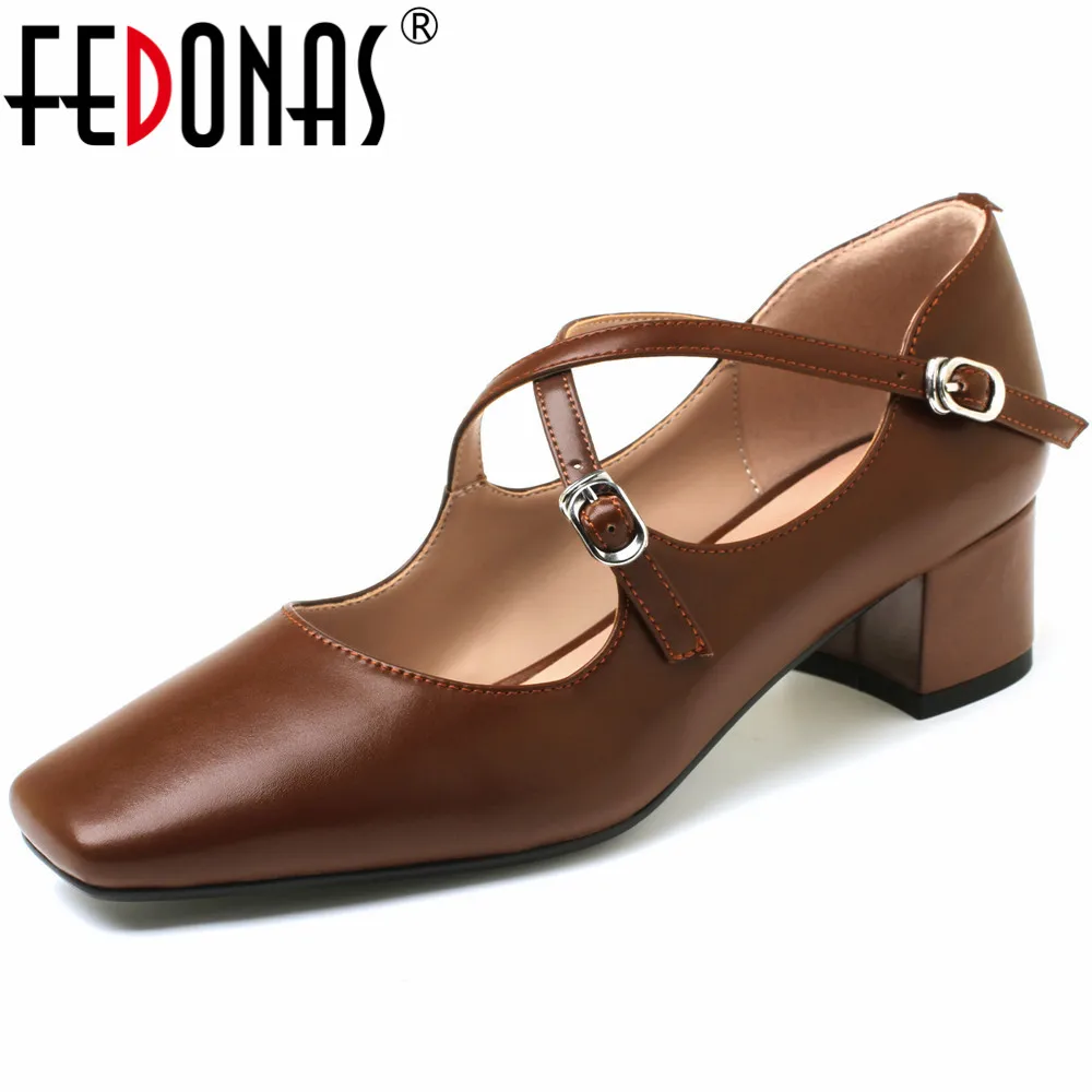

FEDONAS Retro Style Women Pumps Cross-Tied Mary Janes Shoes Woman Spring Summer Genuine Leather Square Toe Casual Office Lady