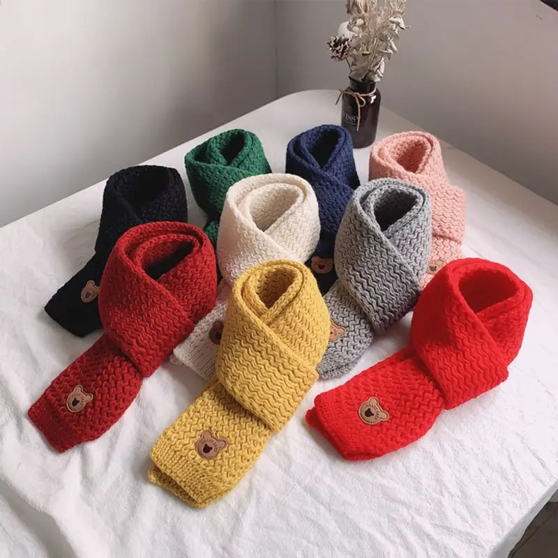 Winter Children Colors Soft Knitting Wool Thermal Scarf Boys Girls Lovely Outdoor Warmer Scarf Kids Solid Labelled
