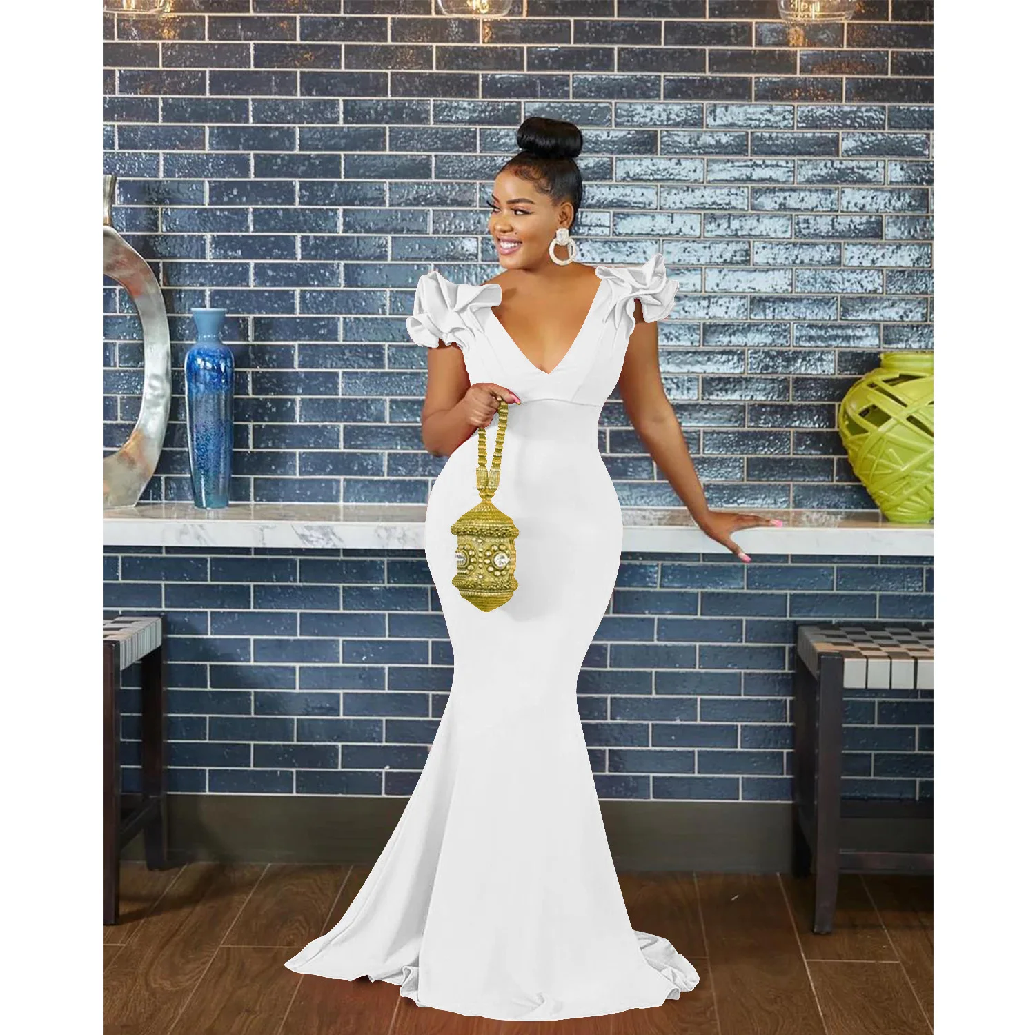 パーティードレス Petal Sleeve Deep V-neck Gown Autumn Fashion Sexy Party Dress Women Elegant Deep V-Neck